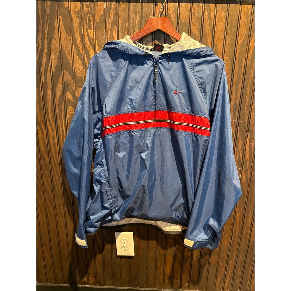 Nike Vintage 90s Windbreaker Half Zip Pullover Blue Red Stripe Hooded Mens XL